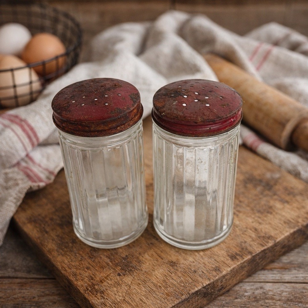 VTG Hoosier Ribbed Glass Shakers Red Rusty Lids Primitive Farmhouse Decor MCM